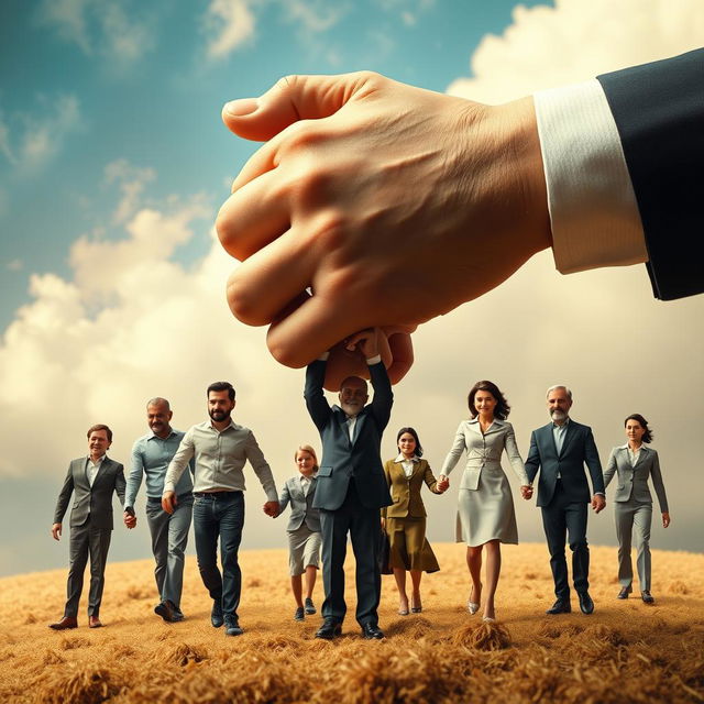 A surreal and imaginative scene depicting several individuals holding hands, but in a unique twist, each person is inside the arm of a hand, creating a visually striking effect