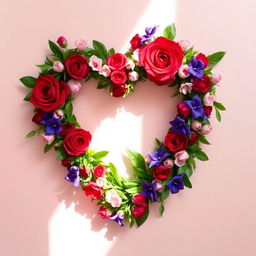 A stunning and elegant heart shape made entirely of colorful flowers, featuring red roses, pink tulips, and purple violets intertwined within the greenery