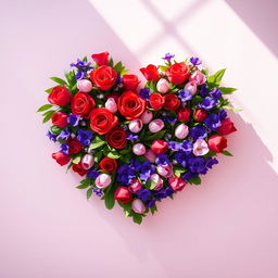 A stunning and elegant heart shape made entirely of colorful flowers, featuring red roses, pink tulips, and purple violets intertwined within the greenery