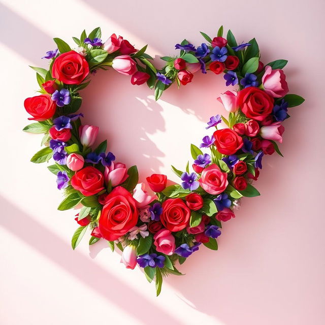 A stunning and elegant heart shape made entirely of colorful flowers, featuring red roses, pink tulips, and purple violets intertwined within the greenery