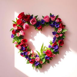A stunning and elegant heart shape made entirely of colorful flowers, featuring red roses, pink tulips, and purple violets intertwined within the greenery