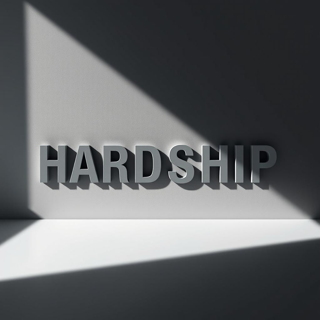 A stark, minimalist design featuring the word 'HARDSHIP' prominently displayed in bold, capital letters