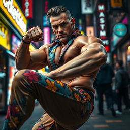 A dynamic close-up scene of a muscular man in a stylish and vibrant outfit