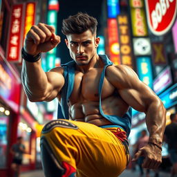 A dynamic close-up scene of a muscular man in a stylish and vibrant outfit