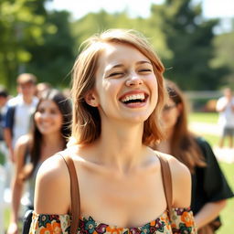 A young woman with a joyful expression, laughing heartily, light brown hair, wearing a stylish, colorful top