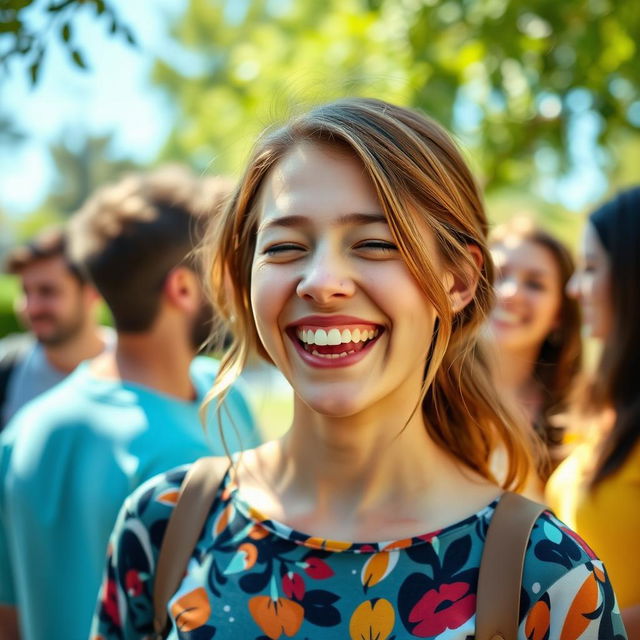 A young woman with a joyful expression, laughing heartily, light brown hair, wearing a stylish, colorful top