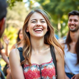 A young woman with a joyful expression, laughing heartily, light brown hair, wearing a stylish, colorful top