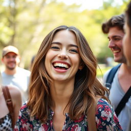 A young woman with a joyful expression, laughing heartily, light brown hair, wearing a stylish, colorful top