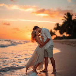 A romantic scene featuring a passionate kiss between a couple on a beautiful beach at sunset