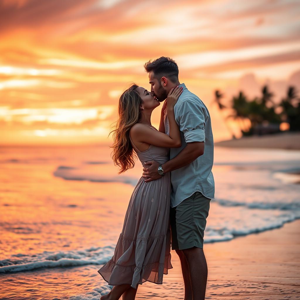 A romantic scene featuring a passionate kiss between a couple on a beautiful beach at sunset