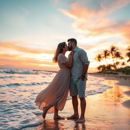 A romantic scene featuring a passionate kiss between a couple on a beautiful beach at sunset