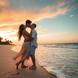 A romantic scene featuring a passionate kiss between a couple on a beautiful beach at sunset