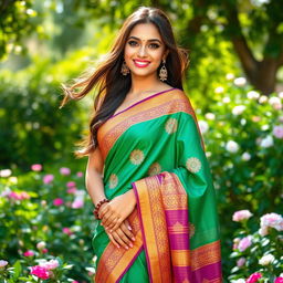 A beautiful woman elegantly draped in a vibrant saree, adorned with intricate patterns and rich colors