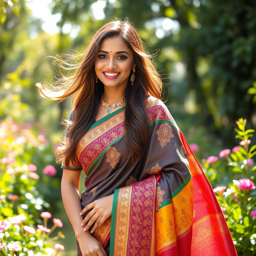 A beautiful woman elegantly draped in a vibrant saree, adorned with intricate patterns and rich colors