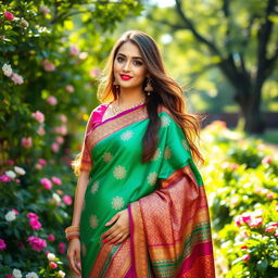 A beautiful woman elegantly draped in a vibrant saree, adorned with intricate patterns and rich colors