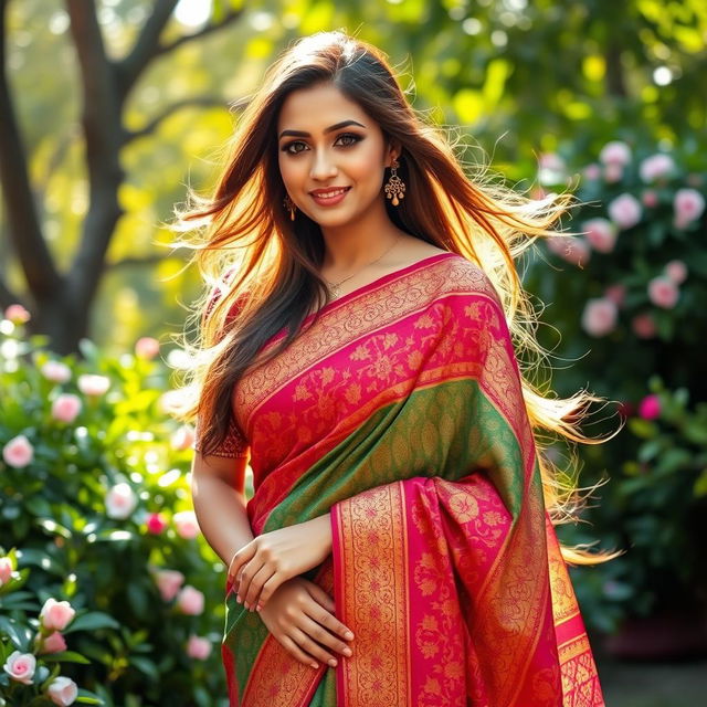 A beautiful woman elegantly draped in a vibrant saree, adorned with intricate patterns and rich colors