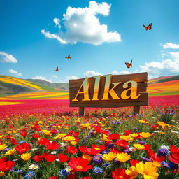 A breathtaking valley filled with a vibrant array of blooming flowers in various colors, such as red, yellow, blue, and purple, stretching across the landscape