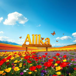 A breathtaking valley filled with a vibrant array of blooming flowers in various colors, such as red, yellow, blue, and purple, stretching across the landscape