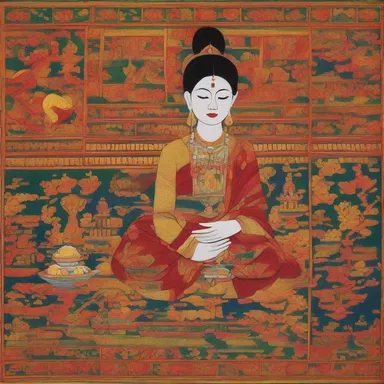 The artist incorporated Burmese textiles and patterns in her painting to represent the rich culture of Myanmar.
