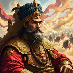 A powerful and regal depiction of Afrasiab, the king of Turan from Ferdowsi's Shahnameh