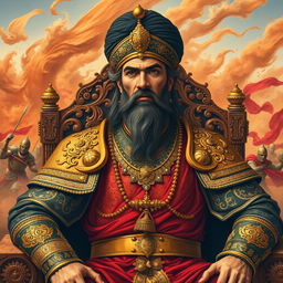 A powerful and regal depiction of Afrasiab, the king of Turan from Ferdowsi's Shahnameh