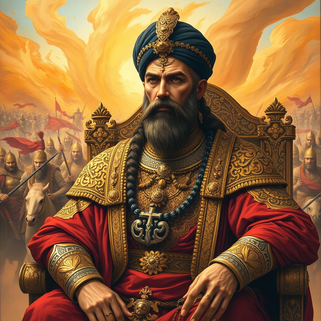 A powerful and regal depiction of Afrasiab, the king of Turan from Ferdowsi's Shahnameh