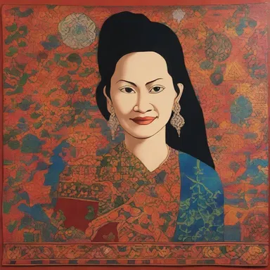 The artist incorporated Burmese textiles and patterns in her painting to represent the rich culture of Myanmar.