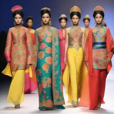 The fashion designer showcased a collection inspired by Burmese traditional clothing and vibrant colors.