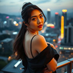A beautiful portrait of a Korean woman with an alluring and confident expression, wearing stylish and contemporary fashion