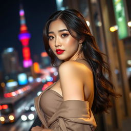 A beautiful portrait of a Korean woman with an alluring and confident expression, wearing stylish and contemporary fashion