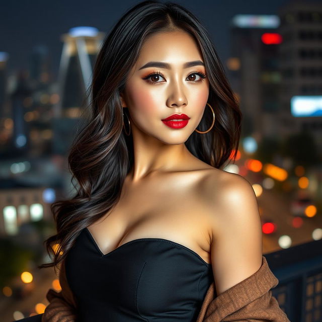 A beautiful portrait of a Korean woman with an alluring and confident expression, wearing stylish and contemporary fashion