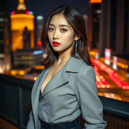 A beautiful portrait of a Korean woman with an alluring and confident expression, wearing stylish and contemporary fashion