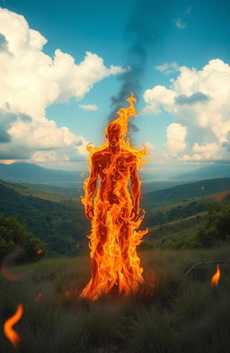 A surreal and thought-provoking scene depicting an ethereal landscape where a figure is enveloped in flames that do not cause harm, symbolizing struggle and rebirth