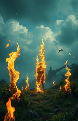 A surreal and thought-provoking scene depicting an ethereal landscape where a figure is enveloped in flames that do not cause harm, symbolizing struggle and rebirth