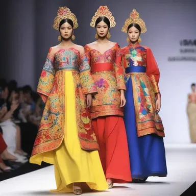 The fashion designer showcased a collection inspired by Burmese traditional clothing and vibrant colors.