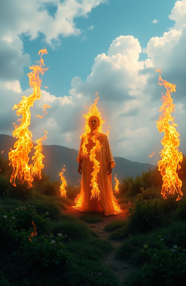 A surreal and thought-provoking scene depicting an ethereal landscape where a figure is enveloped in flames that do not cause harm, symbolizing struggle and rebirth