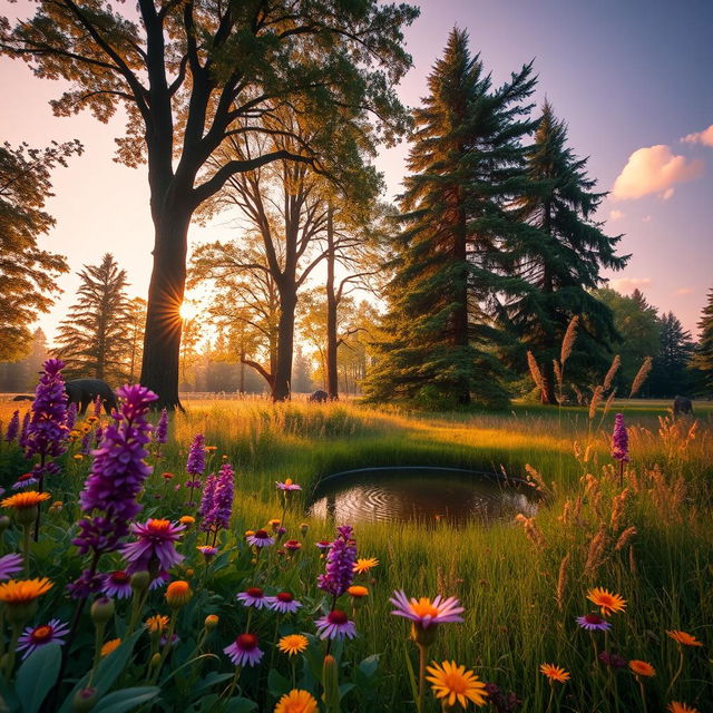 An enchanting forest scene during twilight, with soft golden light filtering through the trees