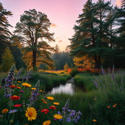 An enchanting forest scene during twilight, with soft golden light filtering through the trees