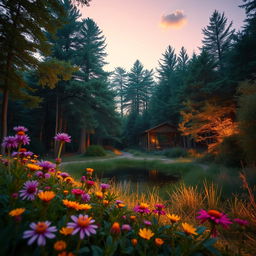 An enchanting forest scene during twilight, with soft golden light filtering through the trees