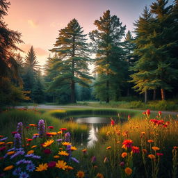 An enchanting forest scene during twilight, with soft golden light filtering through the trees