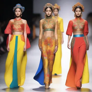 The fashion designer showcased a collection inspired by Burmese traditional clothing and vibrant colors.