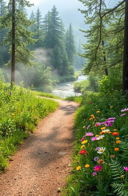 A beautiful and serene landscape showcasing the hidden possibilities of life, featuring a winding path through a lush forest with sunlight filtering through the trees