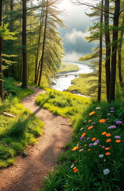 A beautiful and serene landscape showcasing the hidden possibilities of life, featuring a winding path through a lush forest with sunlight filtering through the trees