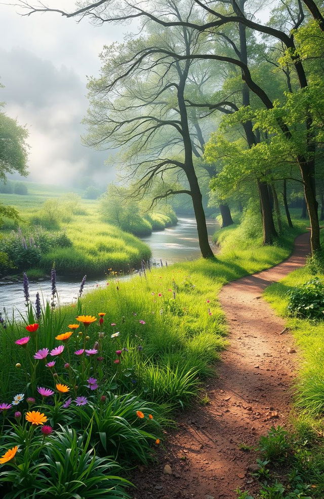 A beautiful and serene landscape showcasing the hidden possibilities of life, featuring a winding path through a lush forest with sunlight filtering through the trees