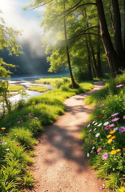 A beautiful and serene landscape showcasing the hidden possibilities of life, featuring a winding path through a lush forest with sunlight filtering through the trees