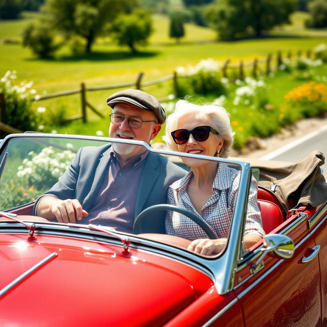 An elderly couple smiling and enjoying a leisurely ride in a small vintage car