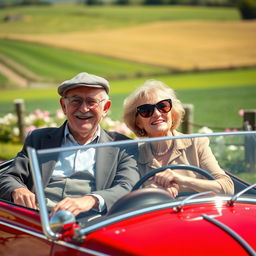 An elderly couple smiling and enjoying a leisurely ride in a small vintage car