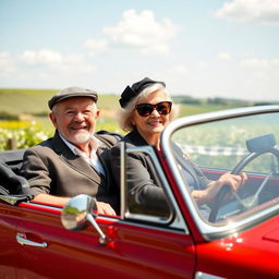 An elderly couple smiling and enjoying a leisurely ride in a small vintage car