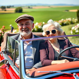 An elderly couple smiling and enjoying a leisurely ride in a small vintage car