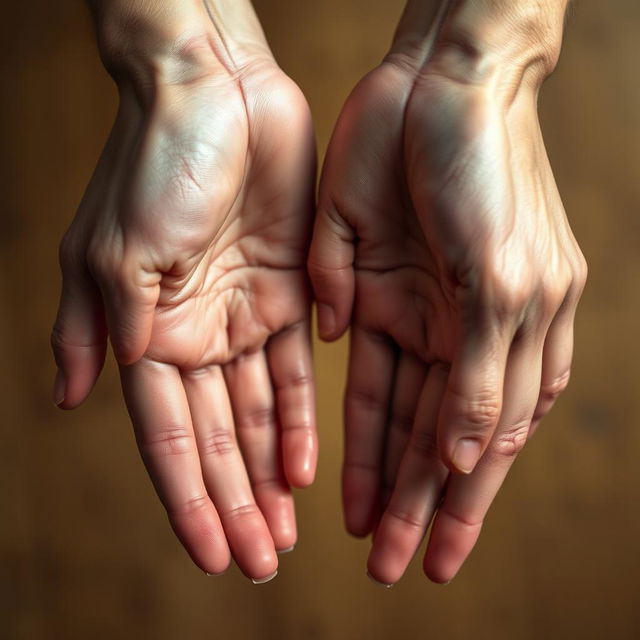 A realistic depiction of a pair of hands with prominent, natural-looking veins